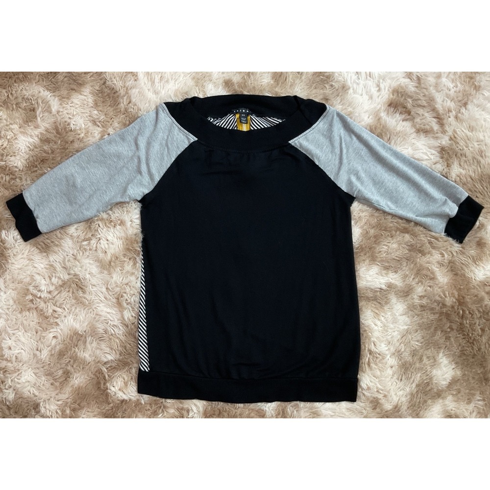 Tribal Womens Black Gray Striped Raglan Top Full Back Zip 3/4 Sleeve Small